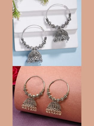 NVR Women's Handmade Set of 2 Oxidized Traditional Jhumka Earrings-One Size / Gold, Silver / German Silver