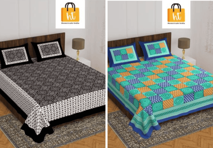 2201-Hometrade India- Standard Double Size (90*100 in )-Combo Jaipuri Double bedsheet With Matching Pillow Cover