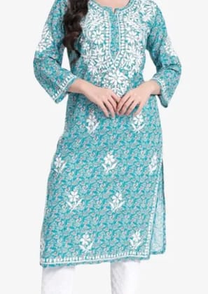 Lucknowi Chikankari Hand Embroidered Pure Cotton Printed Blue Kurti