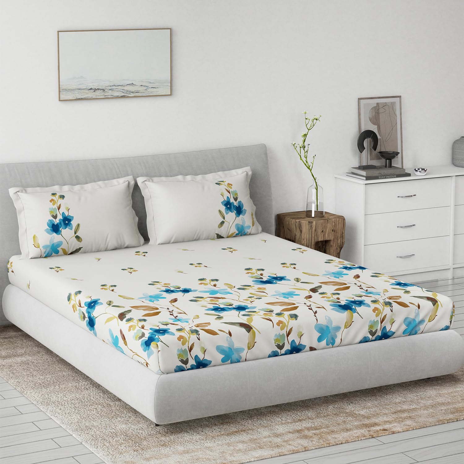 DDECOR - Primary Collection 100% Cotton Floral Pattern 145TC King Bedsheet |229 CM X 274 CM| Blue