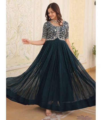 Estela Teal Flared Georgette Women's Stitched Ethnic Gown ( Pack of 1 )