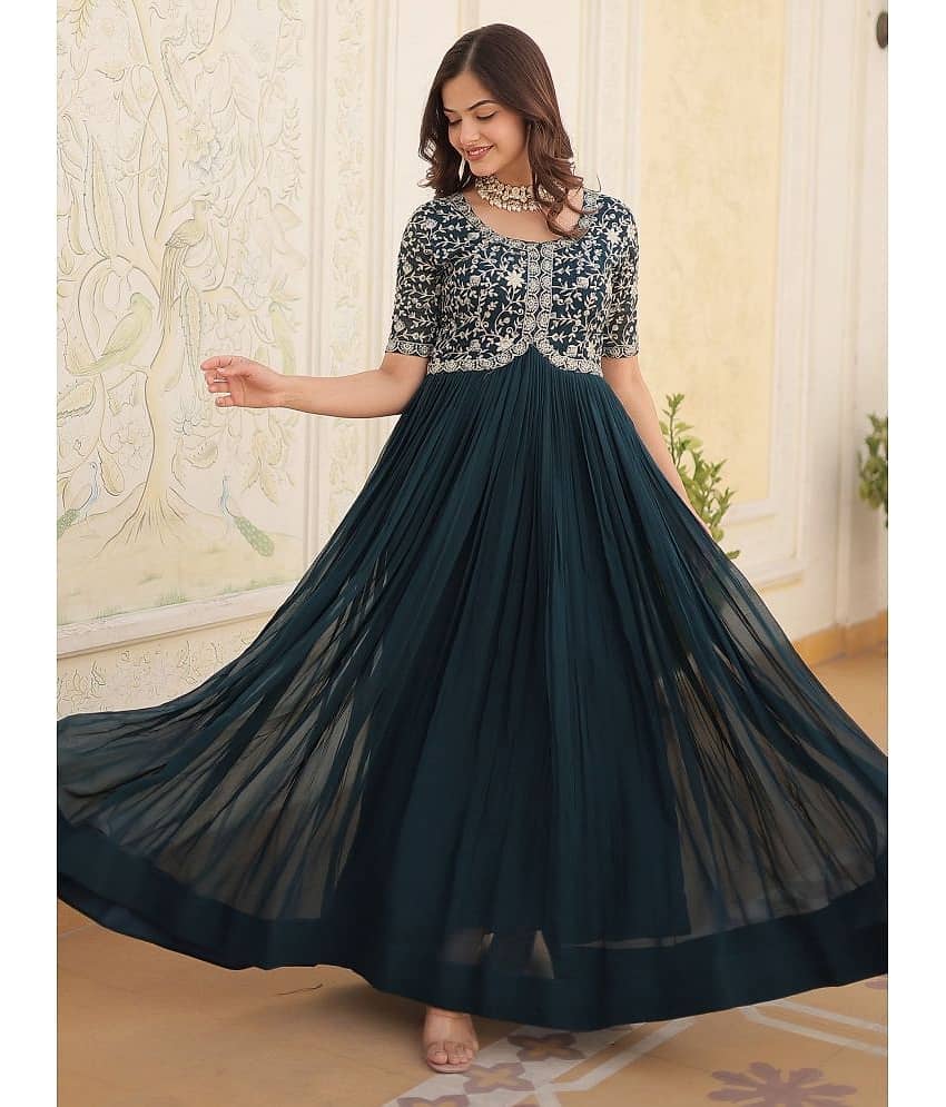 Estela Teal Flared Georgette Women's Stitched Ethnic Gown ( Pack of 1 )