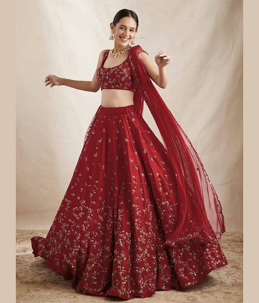 KV Fashion Red Silk Chaniya Choli Semi Stitched Lehenga Single