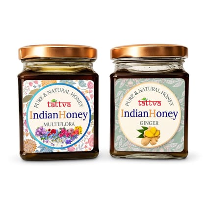 IndianHoney Himalayan Multiflora & Warming & Anti-Inflammatory Ginger Infused Honey Combo Pack (230gm & 230gm)