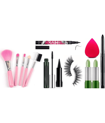 swenky eyeliner mascara aloe vera lipstick false eyelash & makeup brush (Pack of 9)