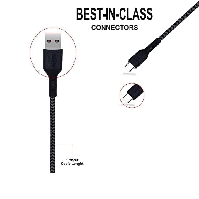 Champion USB to Micro 2.4Amp Data Sync & Charging Cable Braided 1M for all Android & Micro USB Devices (Black)