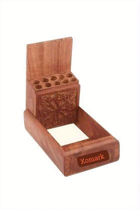 Brown Wooden Cigarette Case With Brass Elephant Inlay, Handcrafted Storage Box With Floral Carving, Vintage Style Holder