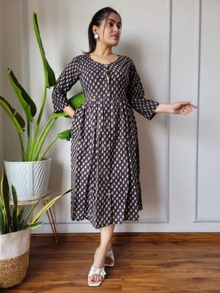 Dazzling Blockprinted Cotton Black Long Dress-36(S)
