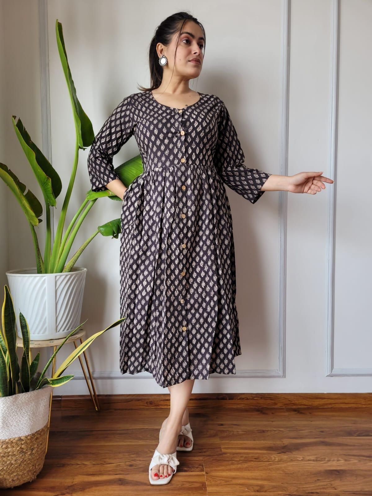 Dazzling Blockprinted Cotton Black Long Dress-36(S)
