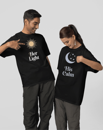 Her Light & His Calm T-Shirt  - Round Neck Drop Shoulder Graphic Printed Oversized Cotton T-shirt-S / Male / Black