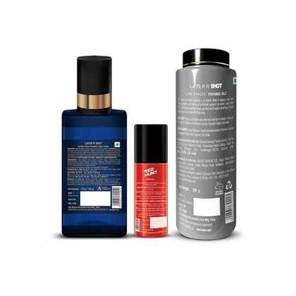 Layer'r Shot Fragrant Body Spray For Men - Pack of 3 | Alpine Fresh (130ml), Perfumed Talc (100 g) & Red Hunt Shaving Foam (50ml) | Long-Lasting & Skin-Friendly Premium Fragrance | Perfect For all occasions | Ideal Gift For Men