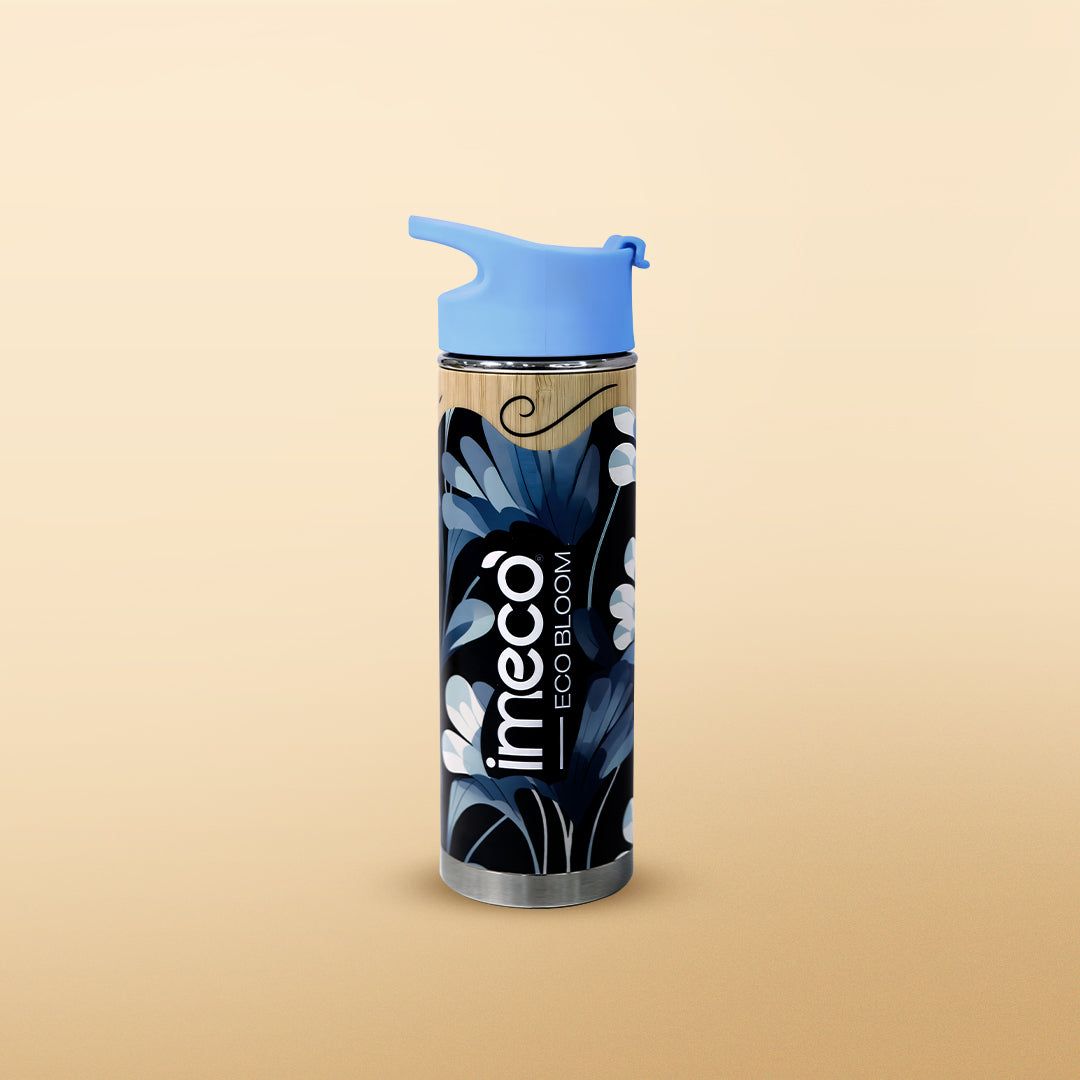 Imeco India ECO-BLOOM Bamboo Printed Water Bottle (450 ml, Blue) | Durable Bamboo Exterior & Stainless Steel Interior | Everyday Hydration
