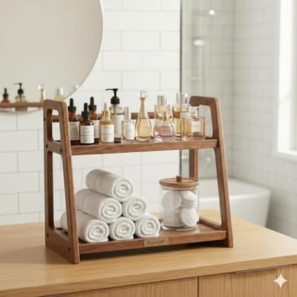 2-Tier Wood Countertop Organizer – Standing Kitchen Spice Rack & Bathroom Vanity Storage Shelf – Decorative