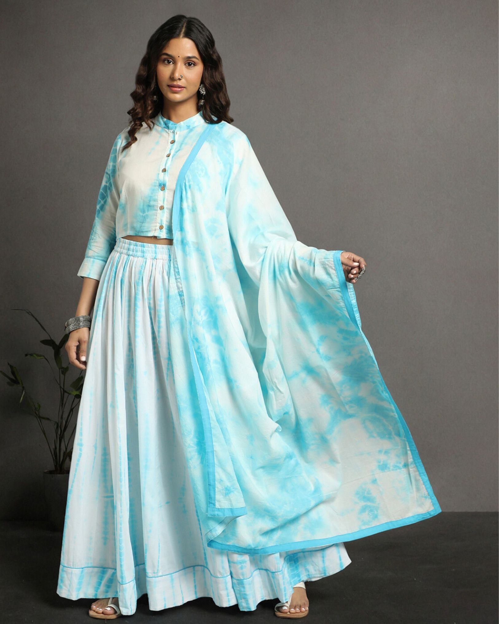 Festive Fusion Stitched Lehanga Choli Set Clean White Blockprinted-34