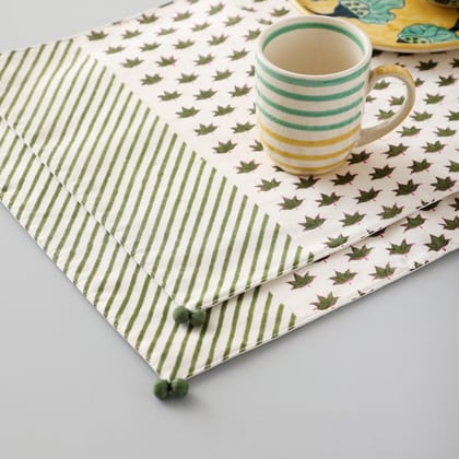 Hand Block Printed Chanderi in Green Lotus with Pink Line Table Mats Set of 2 - 14x18-White / Green / Pink / Chanderi / 14x18