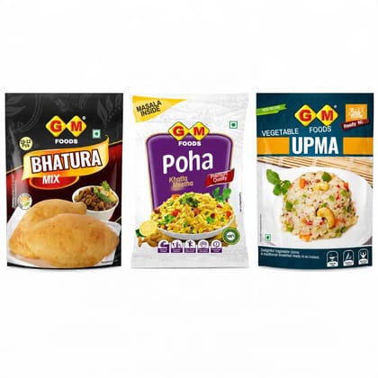 GM Foods All Day Breakfast Combo Pack of 3 | Poha Khatta Meetha, Vegetable Upma & Bhatura Mix | Easy to Cook Instant Breakfast & Snack Mixes | Quick & Tasty Indian Meals