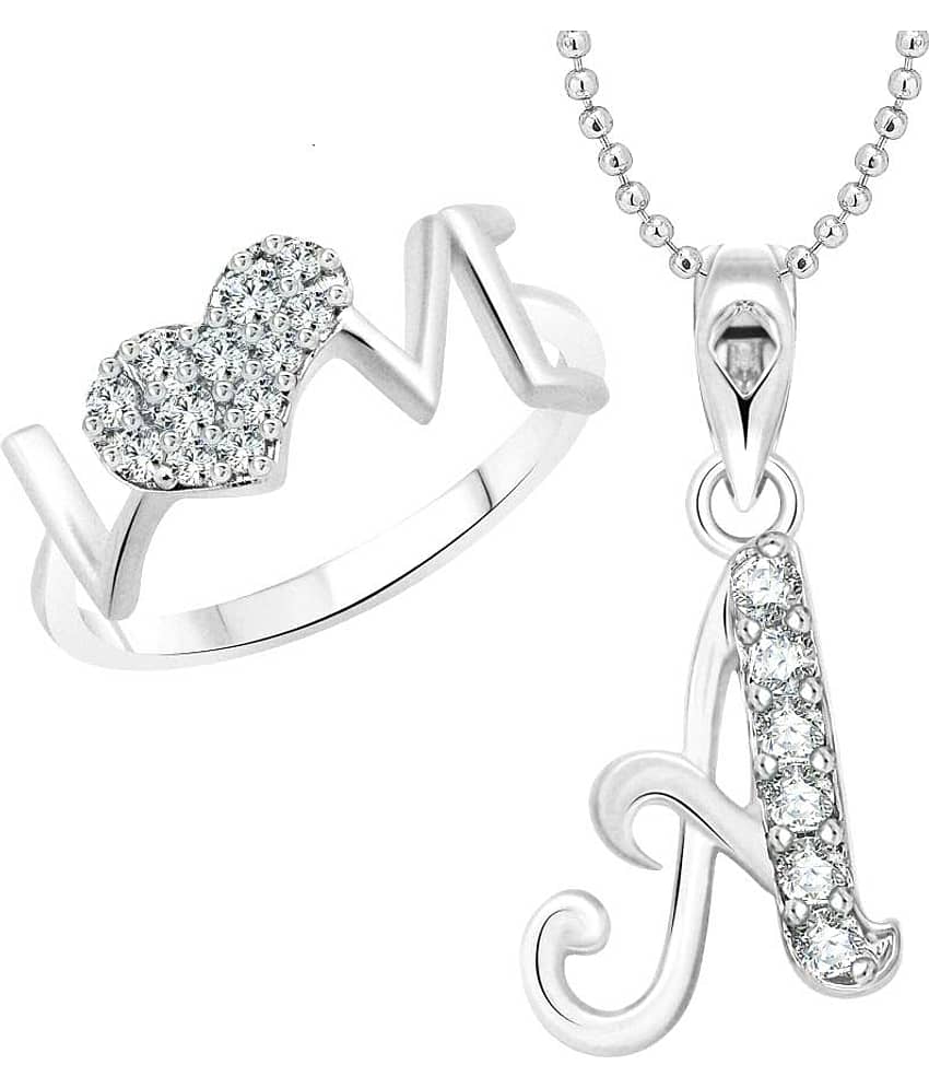 Vighnaharta Love Ring with Initial ''A'' Alphabet Pendant Rhodium Plated Jewellery Combo set