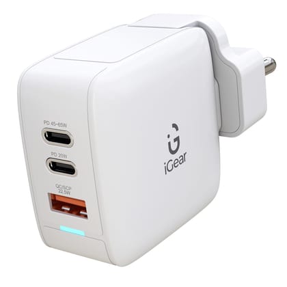 iGear Core 65 (W-004) 65W GaN Fast Charger, Type-C PD & QC 4.0+PPS Adapter, 2 x USB Type-C + 1 x USB A Port- White