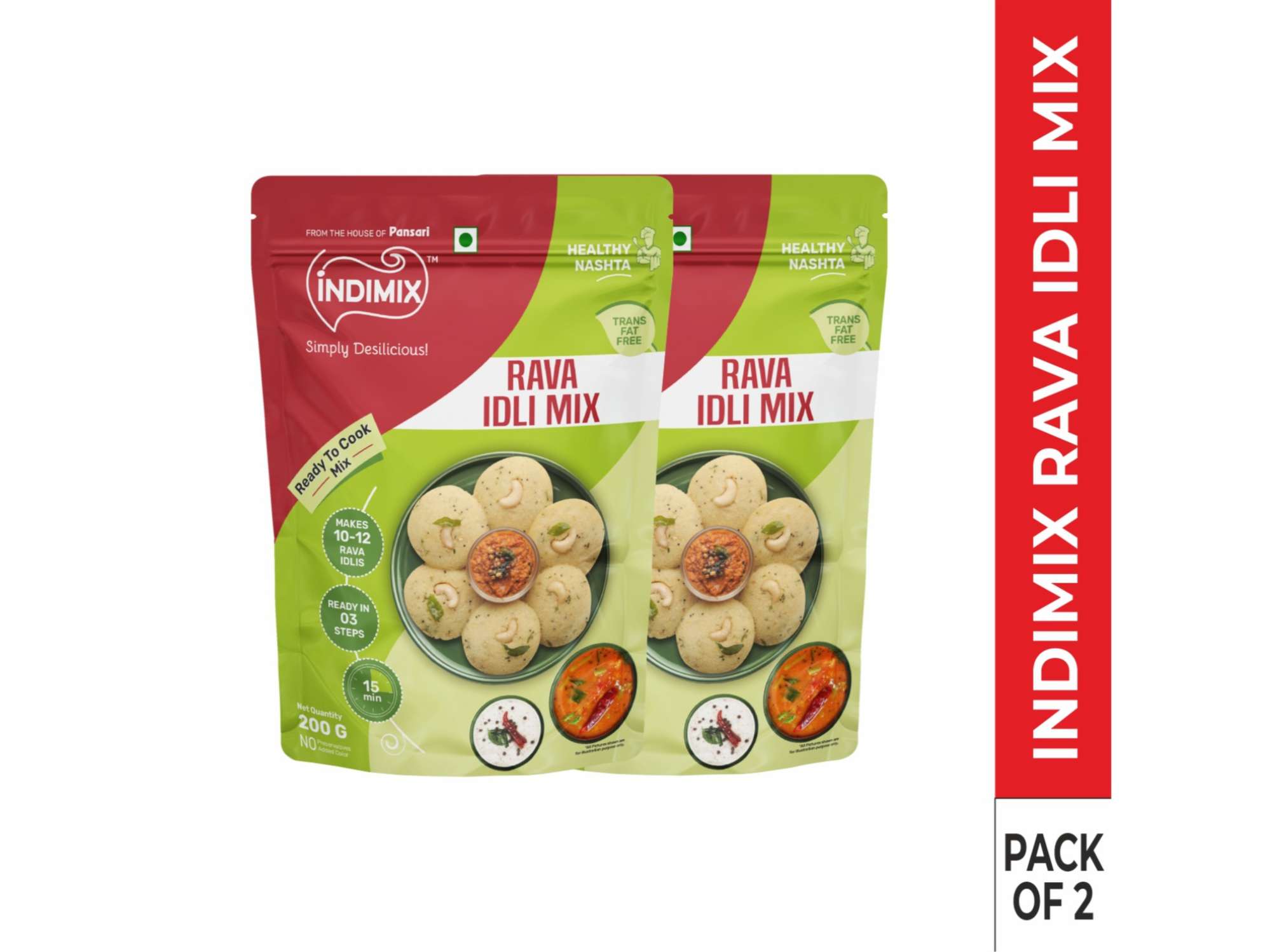 INDIMIX Instant Ready to Cook Rava Idli Mix, Ready In 3 Steps, Healthy & Tasty 500g - Pack of 2