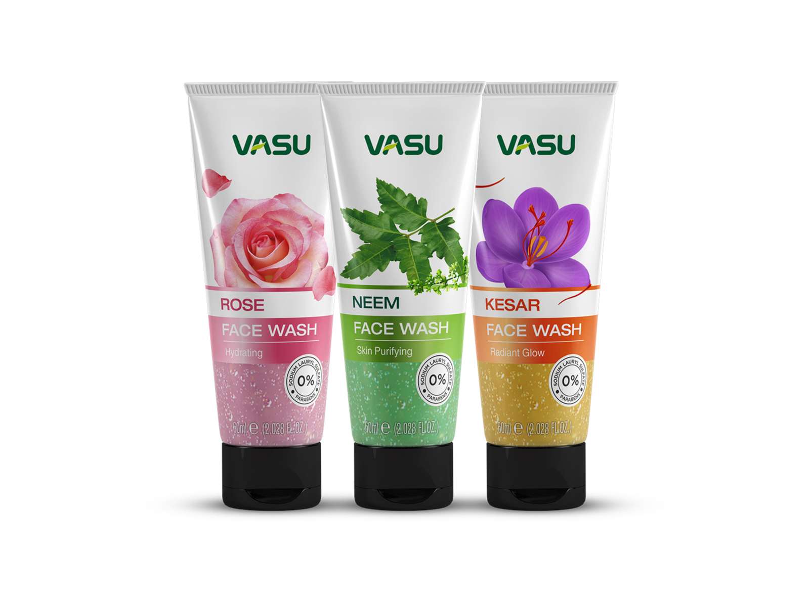 Vasu Face Wash Combo Pack of 3 Kesar Radiant Glow, Neem Purifying & Rose Hydrating 60 ml Each