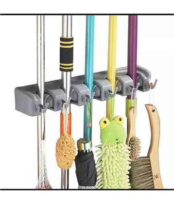 Hingol  Mop and Broom Holder | Wall Hanging, 5 Slots with 6 Inbuilt Hanging Hooks/Magic Holder Broom and Mop Organizer