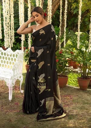 Birds of Paradise: Banarasi Satin Silk Saree in The Shade of Black