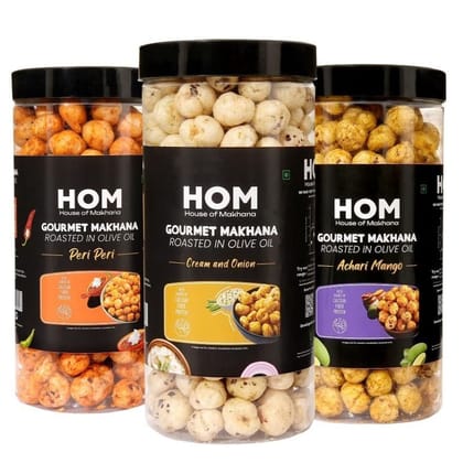 GOURMET MAKHANA Roasted in Olive Oil | Flavors Cream & Onion , Peri Peri, Achari Mango| Combo Of 3, 65g Each. - 195 gm