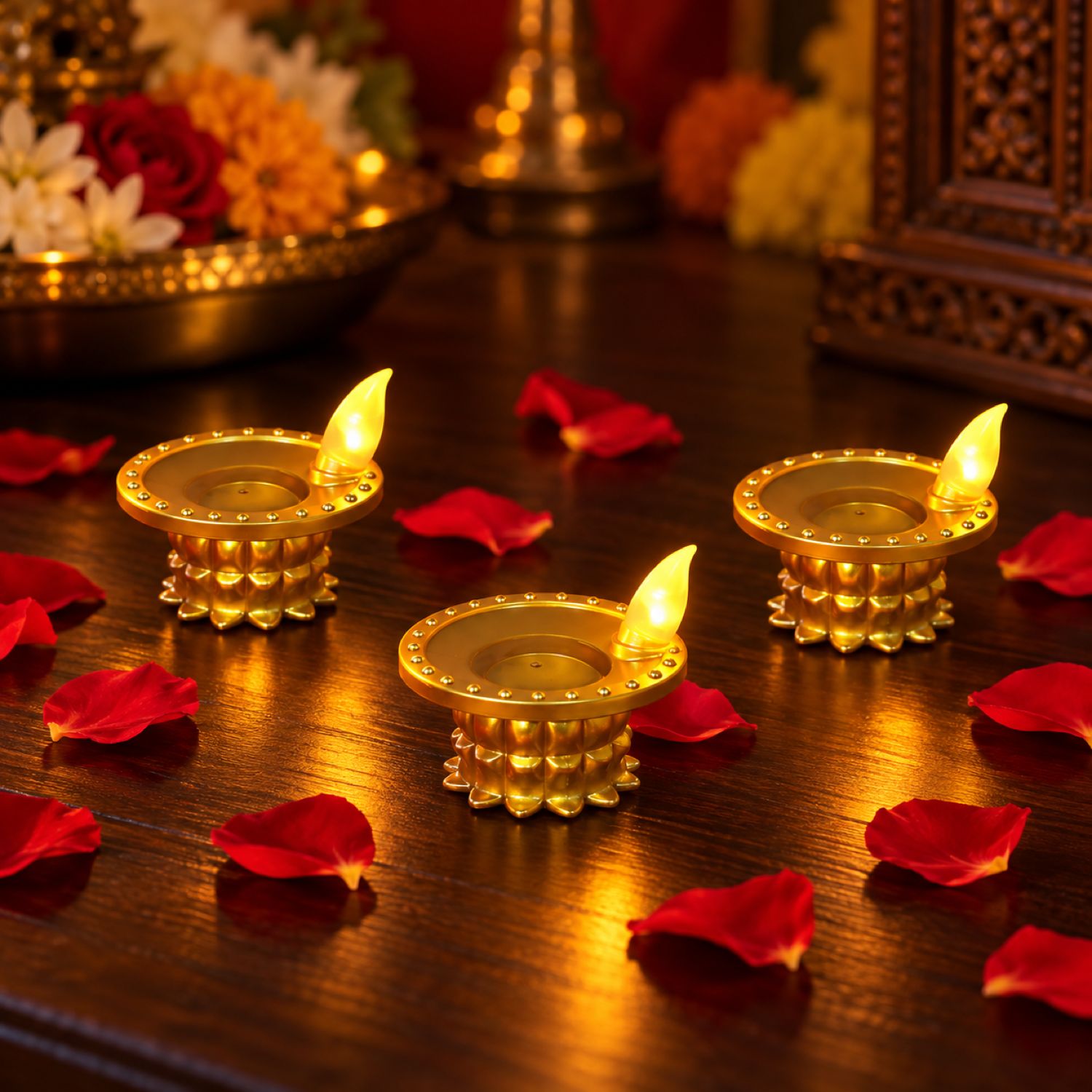 Water Sensor LED Diyas Set – Flameless Golden for Festive Decor