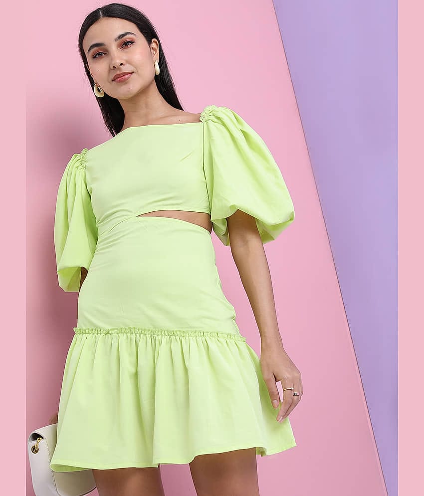 Tokyo Talkies Women Polyester Solid Drop Waist Dress ( Lime Green )