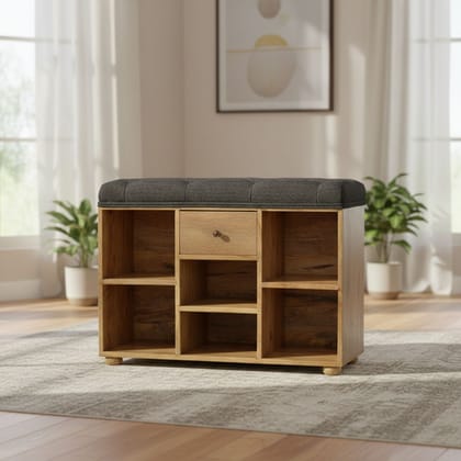 Solid Wooden Storage Bench with Cushioned Seat