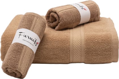 Furnofy Cotton 450 GSM Bath, Hand Towel Set Beige (Pack Of 3)