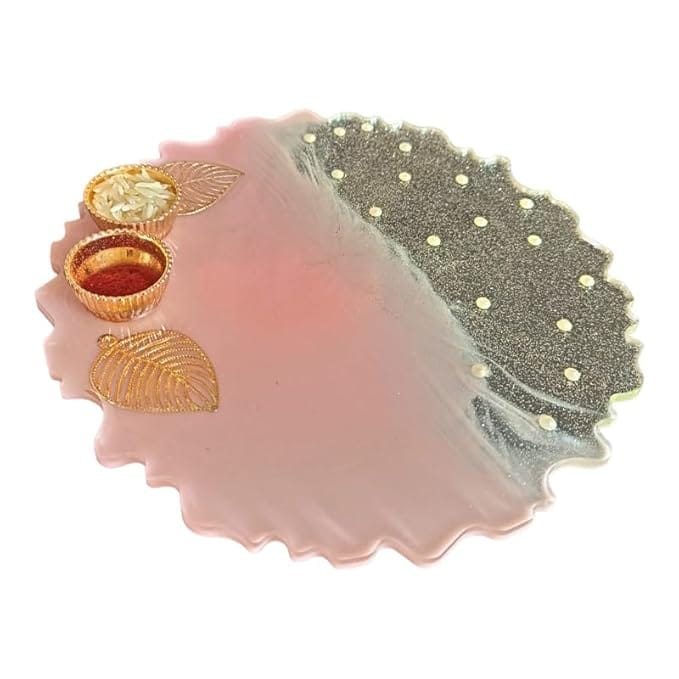 ART2ARTIST Handmade Tilak Platter | Resin Plate of Roli Chawal Platter for Rakhsha Bhandhan, Pooja Thali, Home Decorations,Diwali Gift.(8 inch) Pink
