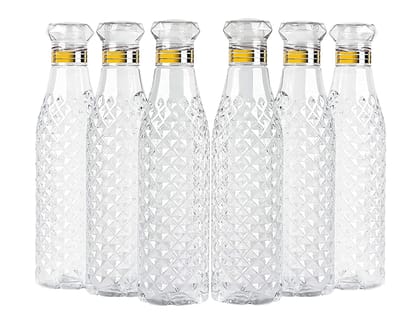 Set of 6 Clear Diamond-Cut Plastic Water Bottles with Gold Accent Caps