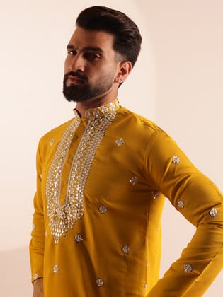 Men's Cotton Silk Exquisite Neck Embroidered Mustard Only Long Kurta-36