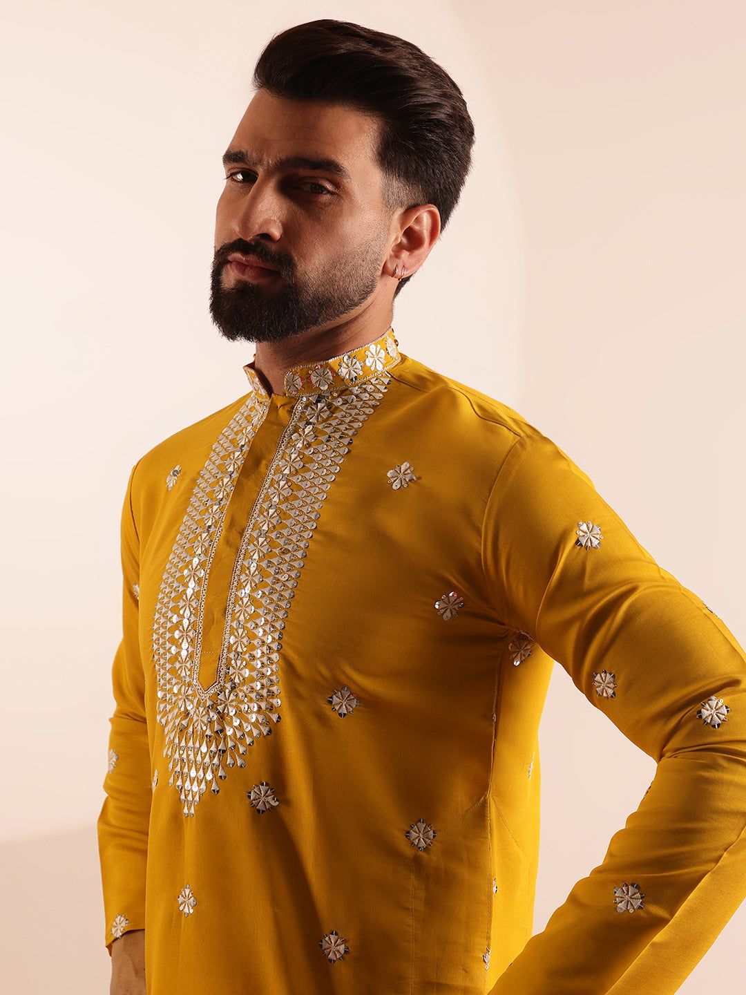 Men's Cotton Silk Exquisite Neck Embroidered Mustard Only Long Kurta-36