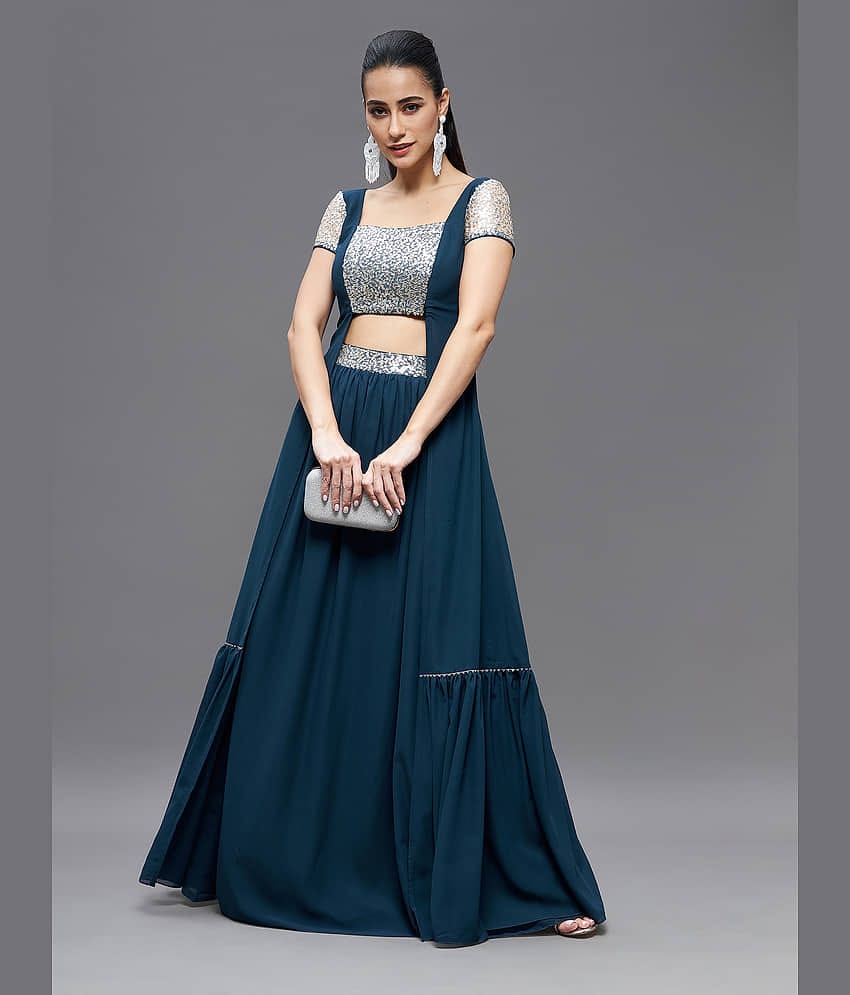 Miss Chase Women Embellished Top With Skirt Co-Ord Set ( Teal )