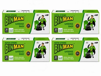 BINMAN Super Strong Garbage Bags on Roll with Detachable Thread | 30 Bags | 17 x 18 Inch | Heavy Duty Disposable Trash Bags for Home, Office & Commercial Use Pack of 4
