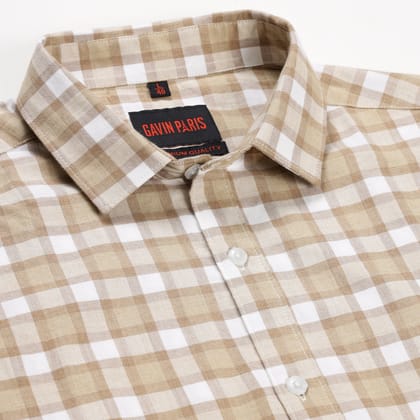 Beige and White Checkered Pattern Slim Fit Full Sleeve Shirt (GP132)-M-38 / Full Sleeve