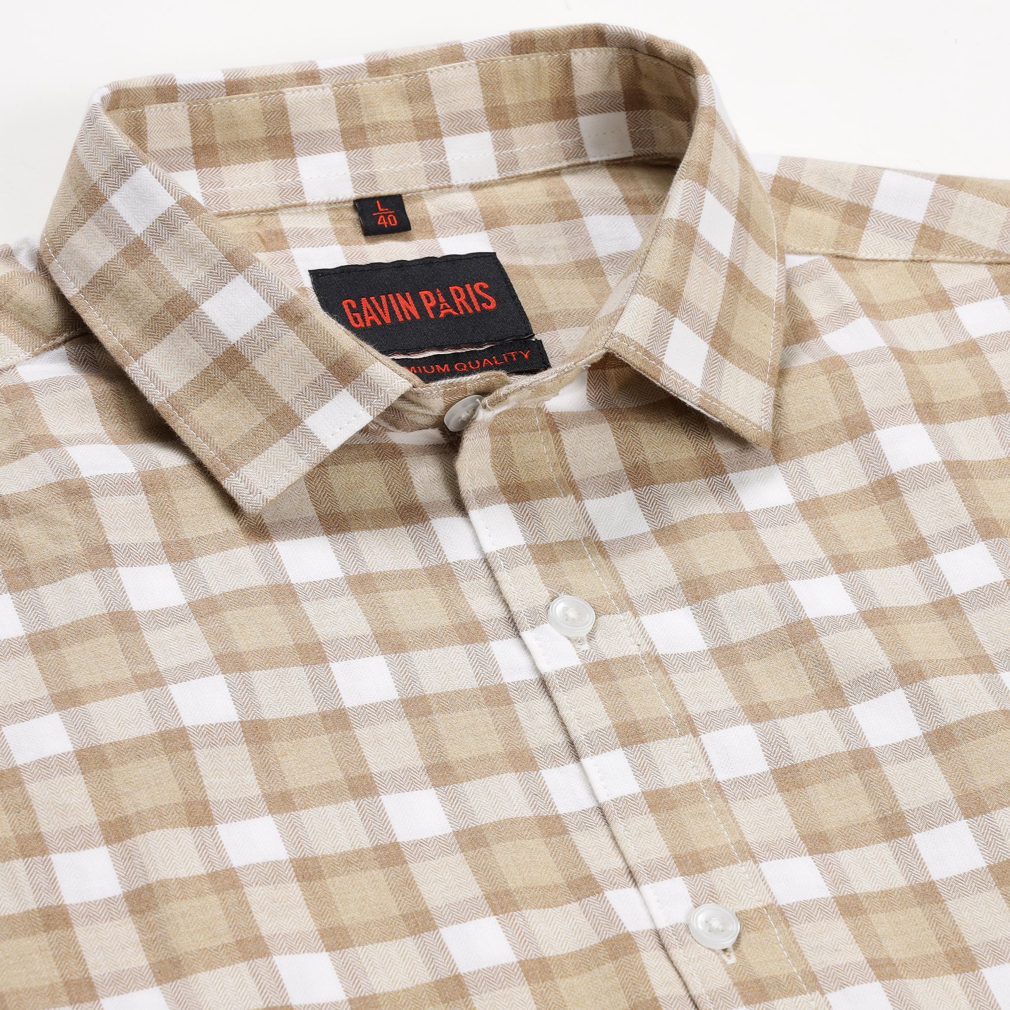 Beige and White Checkered Pattern Slim Fit Full Sleeve Shirt (GP132)-M-38 / Full Sleeve