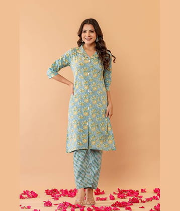 Flamboyant Cotton Blend Printed Kurti With Pants Women's Stitched Salwar Suit - Blue ( Pack of 1 )