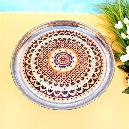 Puja Thali | Aarti Plate with Meenakari Work | Steel Thal - for Pooja, Weddings, Temple, Rakhi, Karwachauth & Festival Decor - 16 Inch