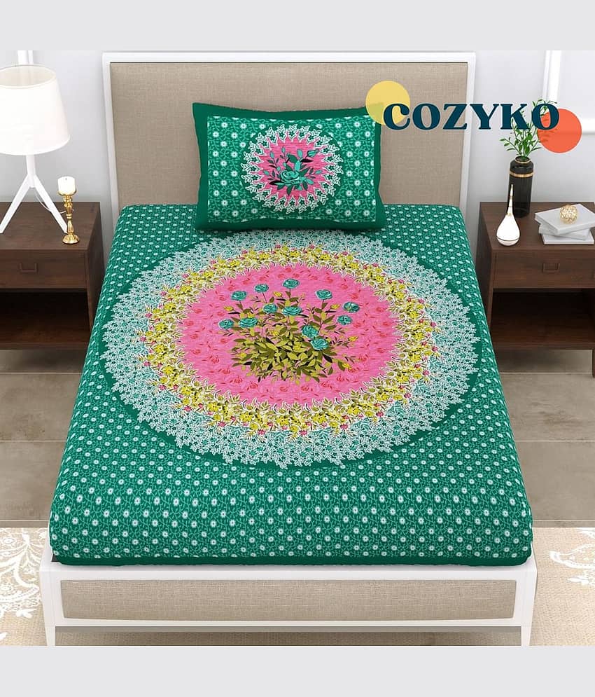 COZYKO Cotton 1 Single Bedsheet with 1 Pillow Cover ( Green )
