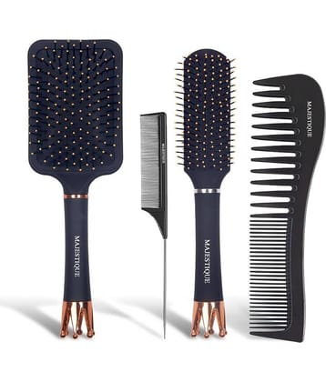 Majestique Crown Hair Brush & Paddle, Flat, Brush Tail Comb & Wide Tooth Comb For Detangling - 4Pcs