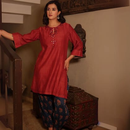 Brick Red Chanderi Kurta Set-XS
