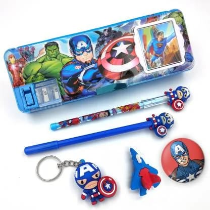 tishna Inbuilt Calculator Combo Cool Avenger Designed Art Plastic Pencil Box Set of 5, Blue