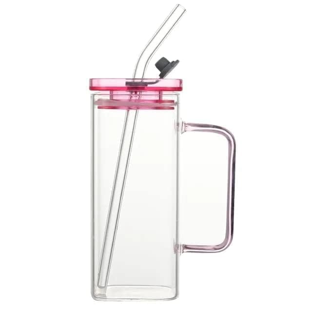 Tumbler with Coloured Handle 400 ML Glass Coffee Mugs Square Glass Mug with Multi-Colour Handle and lid Water Bottle Sipper Cup for Office, Gym, Travelling, Home (Pack of 2)