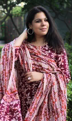 Cotton Wine & Orange Printed Suit Set with Cotton Printed Dupatta-XXS