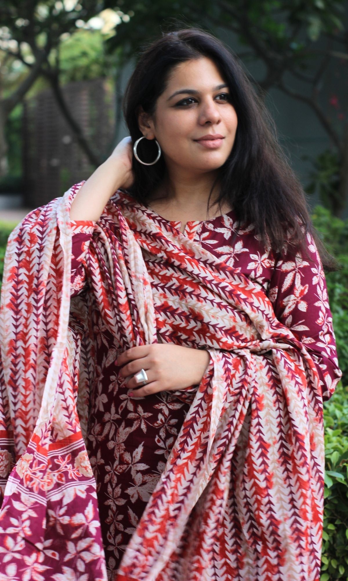Cotton Wine & Orange Printed Suit Set with Cotton Printed Dupatta-XXS