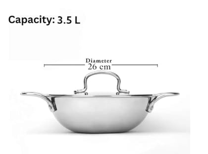 WEKTU Triply Kadhai, Stainless Steel, 3.5 L, Silver, Medium, Uncoated, 26 cm Diameter, with Lid