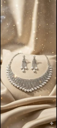 Silver Pearl Choker Necklace Set with Tassel Earrings (Silver, Free Size) | Sparkling Crystal Stones & Elegant Pearl Detailing | Wedding & Festive Occasions